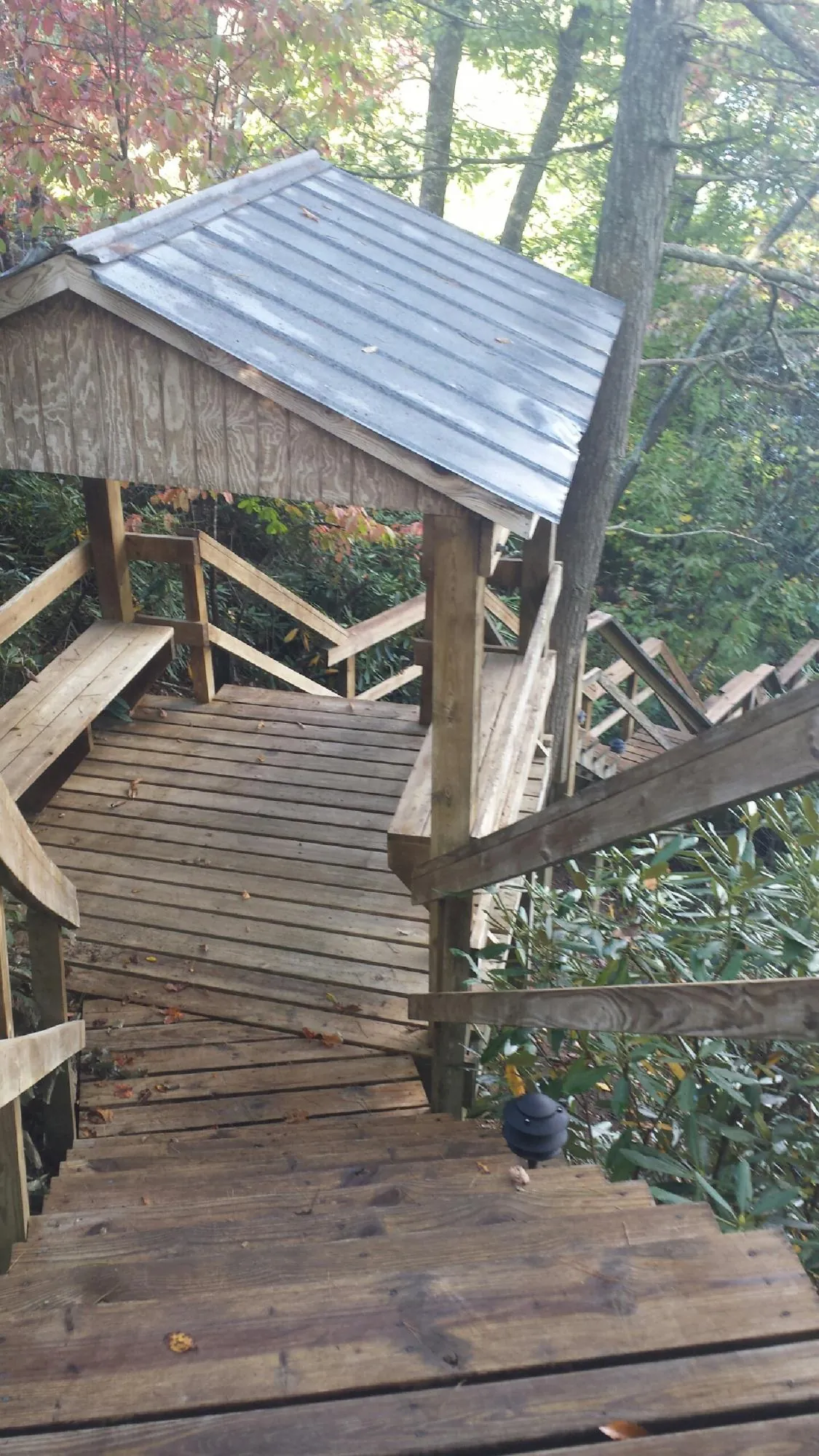 Metal roofed shelter over wooden steps on a wooded walkway — Skylight Repair & Installation work by our crew in Lufkin